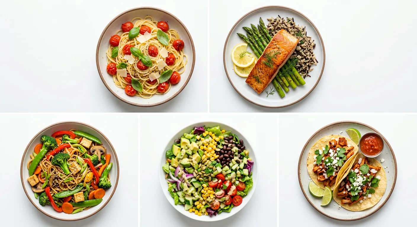 Overhead grid of five colorful plated dishes to choose from