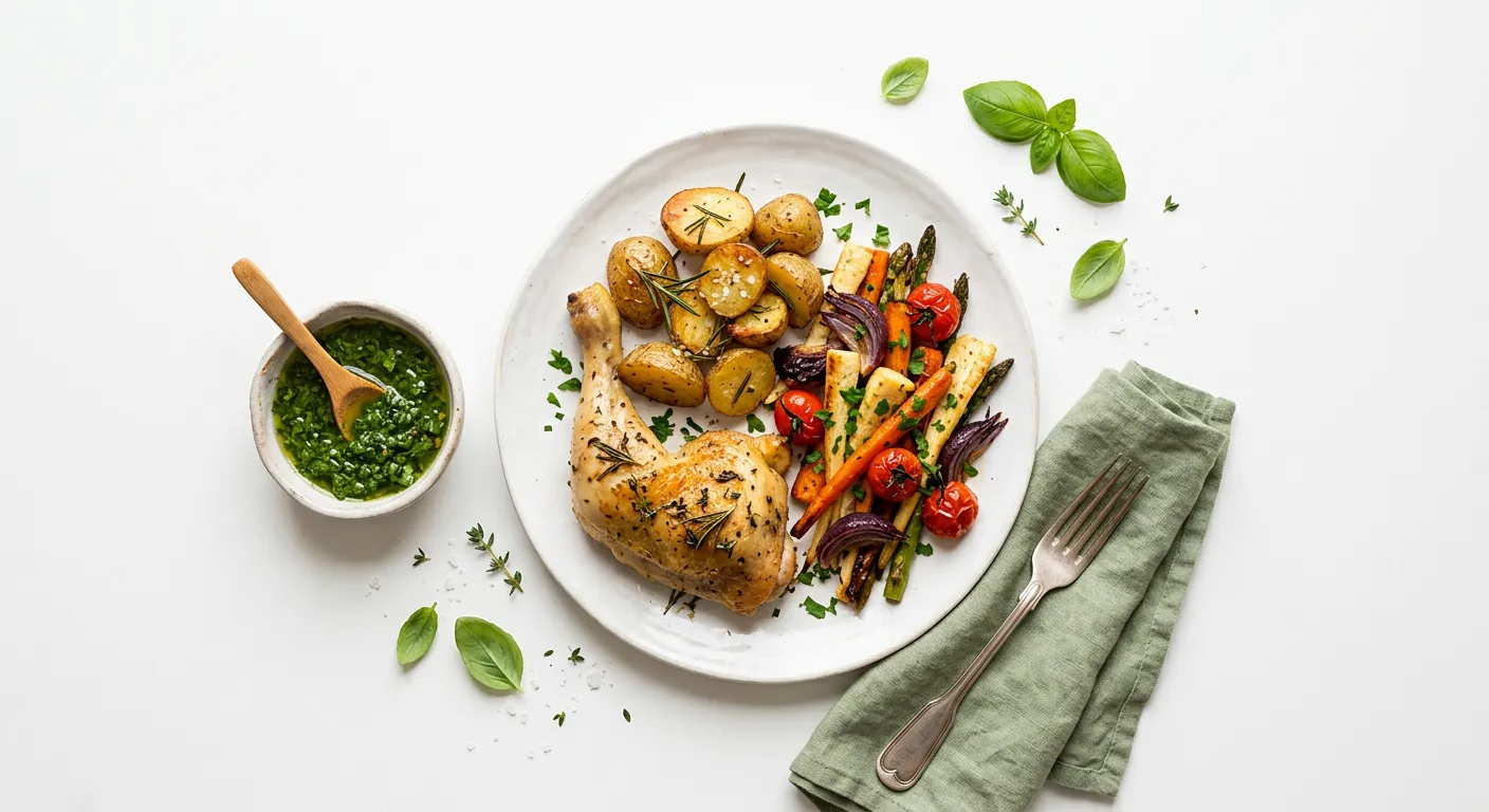 Overhead view of a finished home-cooked dinner plate with herbs
