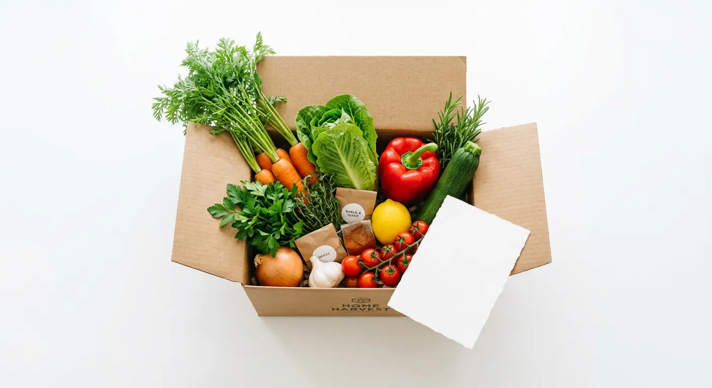 Overhead view of an open Freshcrate meal-kit box filled with fresh produce